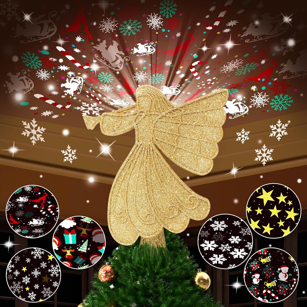 Christmas Tree Topper Lighted with 6 Projection Modes, Gold Christmas Angel Tree Topper Built-in LED Rotating Light, 3D Glitter Projector for Party Holiday Christmas Decoration Gifts